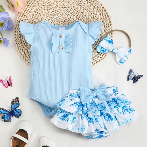 Newborn Baby Girl Clothes Infant Summer Outfits Flying Sleeves Romper and Flora Skirt Set for 0-3-6-12-18 Months3