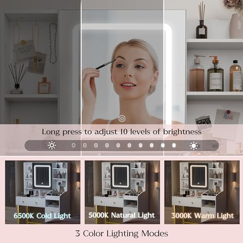 Xilingol Vanity Desk with Mirror and Lights, Makeup Vanity Desk with Lights in 3 Colors, White and Gold Vanity with Charging Station, Makeup Table with 3 Storage Compartments, White