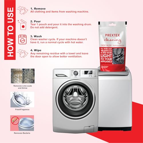Image of Prextex Descale Compatible For All Washing Machine Front Load and Top Load, Cleaning Powder, Descaling Powder, Remove Odours and Buildup, Drum Cleaner 100 gram(100 g (Pack of 3))