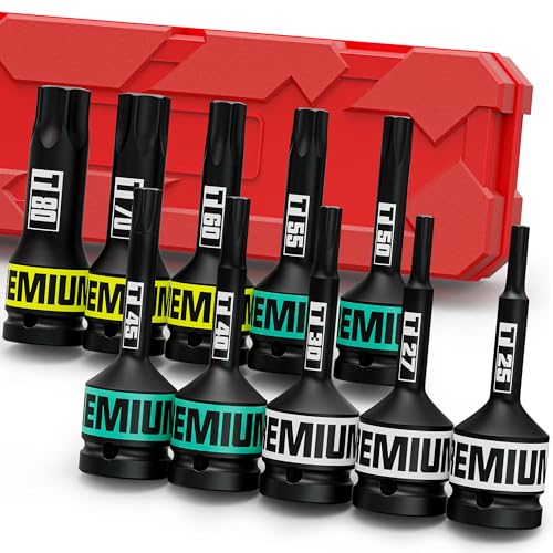 Aurlloct 1/2 Inch Drive Impact Torx Bit Socket, 10 Piece Impact Star Bit Set, T25 - T80 Star Bit Socket Set for Auto Repair Industrial Assembly Equipment Maintenance and DIY Enthusiasts Alike