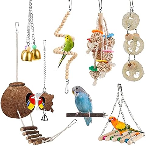 Toys for Bird Parakeet Toy Bird Perch Bird Cage Hammock Coconut Hideaway with Ladder Hanging Bell Swing Chewing Hanging Toy for Parakeet,Conure,Cockatiel,Love Birds,Parrots Cover