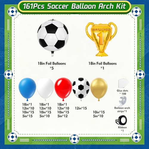 Image of Soccer Party Decorations 161Pcs, World Soccer Balloon Garland Arch Kit with 18'' Football Foil Balloons, Blue Red White Football Print Balloons for Boys Sports Fan Birthday Soccer Party Decor