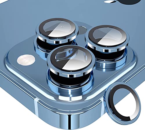Image of For iPhone 13 Pro Camera Lens Protector & For iPhone 13 Pro Max Camera Lens Protector Tempered Glass Screen Protector, Anti-Scratch Premium Tempered Glass Film Aluminum Alloy 3D Lens Ring Cover(3 Pack, Serria Blue