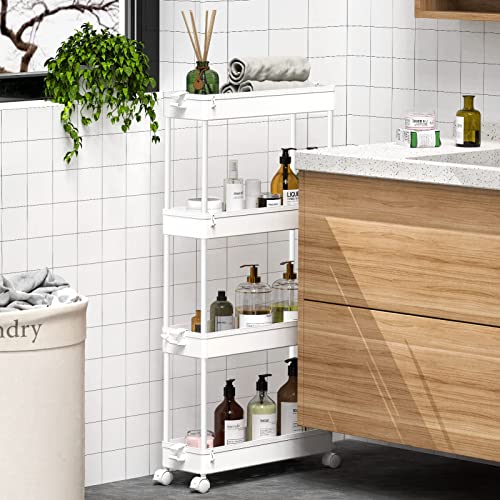 SPACEKEEPER Storage Trolley 4-Tier Slim Storage Cart Slide Out Rolling Utility Organizer Cart Mobile Shelving Unit for Kitchen Bathroom Laundry Office, Plastic, White - Image 6
