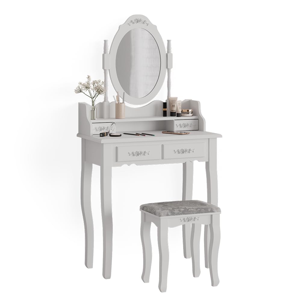 Vicco Tavolo da toeletta Meghan, Bianco, 75 cm | con sgabello, con sgabello e specchio ovale fissato in modo permanente