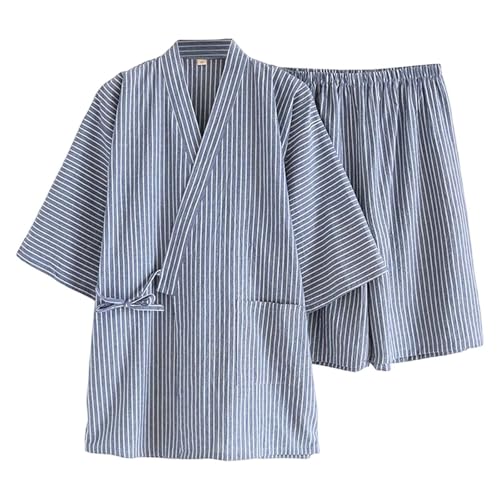 Pijama japonesa de manga corta para hombre, holgada, para verano, pantalones cortos de manga corta, para sudar, para el hogar, azul, L