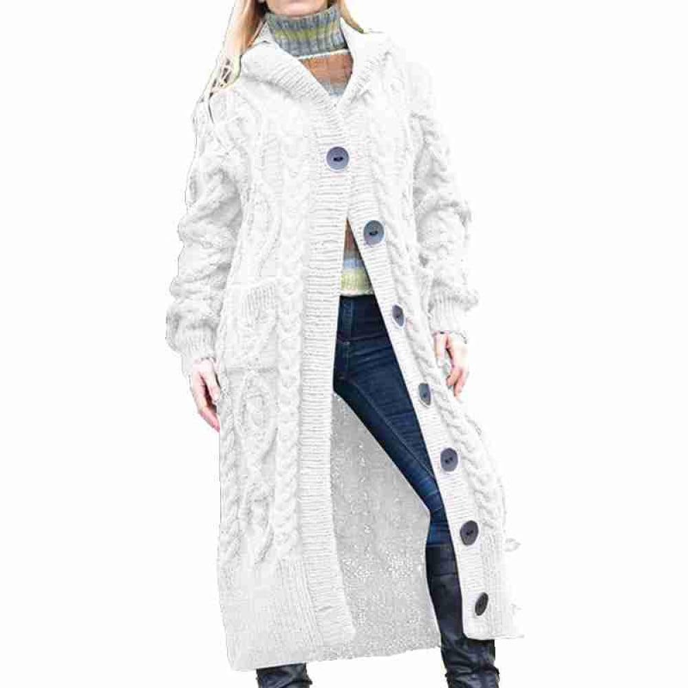 HGJH Damen Strickjacke Mit Zopfmuster Vorne Offen Lange Strickjacke Lockere Knöpfe Weicher Pullover Elegante Übergangsjacke Kimono Strickjacke Mantel Oberbekleidung Herbst Und Winter Weiß M