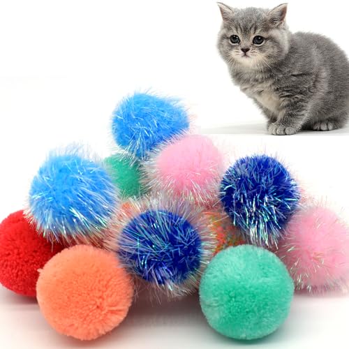 WaoDoing 14-Pack Cat Toys Balls - No Bells Quiet Interactive Toys Soft Pom Poms & Sparkle Balls for Kittens & Adult Cats Safe for Batting Chasing (7 Sparkle Fuzzy Balls+ 7 Yarn Balls)