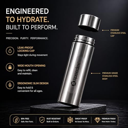 Image of Speedex Silver Stainless Steel Water Bottle 1 Litre Set of 1 | Single Wall Water Bottles | BIS Approved Reusable Bottles for Kids & Adults | School, Office, Gym & Travel