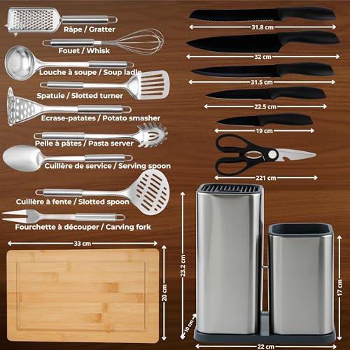 Kit complet de couteaux et ustensiles de cuisine de 17 pièces en acier inoxydable (couteaux de cuisine, set ustensile cuisine, bloc à Couteaux et planche à découper inclus). Accessoires de Cuisine – Image 4