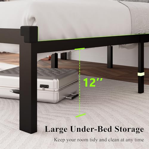 Image of Feonase Full Size Metal Bed Frame, Heavy-Duty Platform Bed Frame with Linen Upholstered Headboard, 12 inch Storage Space, Steel Slats Support, No Box Spring Needed, Gray