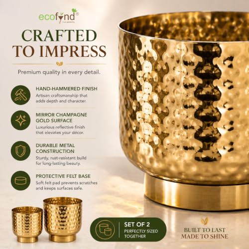 Image of ecofynd 2 Pack Metal Plant Pots (7 inch, 5.5 inch), Indoor Small Planter Flower Pots, Home Garden Decor Planter for Living Room Bedroom Interior (Gold Finish, POT054)