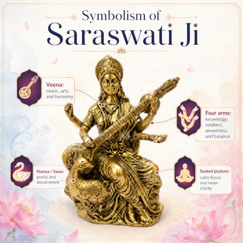 Image of Brass Saraswati Ji Idol, Vastu Remedy for Wisdom & Learning (4 Inch, 200 g)