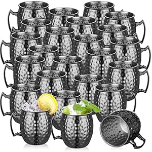 Hoolerry 24 Pack Moscow Mule Mugs Bulk Black Stainless Steel Moscow Cups Moscow Copper Plating Mug with Handle 12 oz Hammered Finish Cup for Chilled Drinks Coffee Wine Cocktail Wedding Birthday Gift