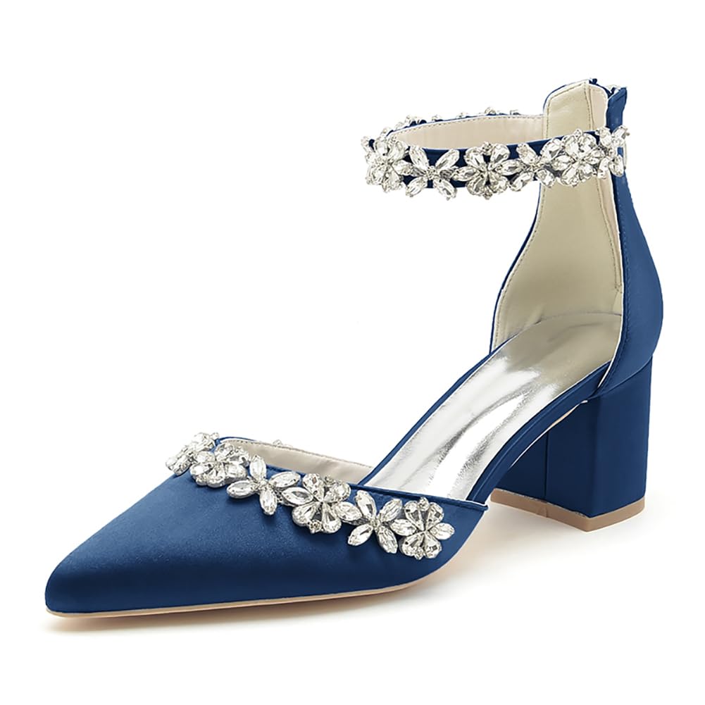 Donna Scarpe da Sposa con Tacco Largo Basso Cinturino alla Caviglia Décolleté Punta A Punta in Raso con Strass CG2102-03Z