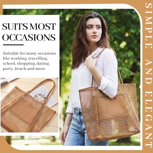 Image of Aliceset 2 Pack Crochet Mesh Beach Tote Bag with Letter Patch Pocket Summer Beach Tote Bohemian Straw Transparent Bag