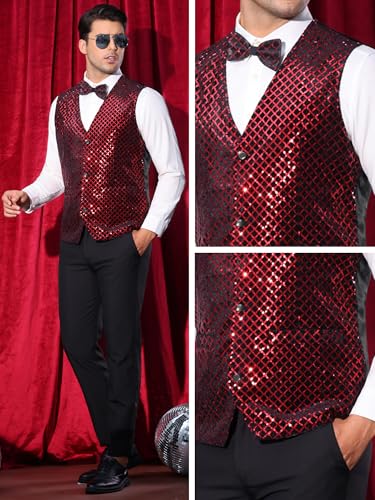 Lars Amadeus Argyle Sequin Vest for Men's V-Neck Party Nightclub Shiny Sleeveless Suit Metallic Waistcoat4