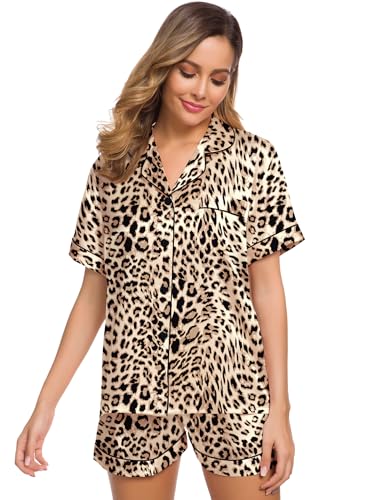 Image of SWOMOG Womens Silk Satin Pajamas Set Short Sleeve Sleepwear Button Down Top and Shorts Loungewear 2 Piece Pjs Set XS-3XL Brown Leopard Medium