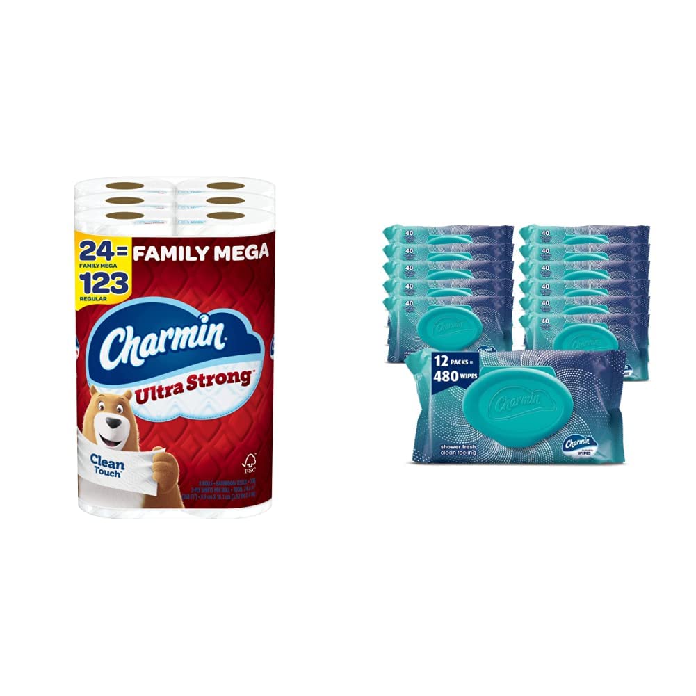 Charmin Ultra Strong Clean Touch Toilet Paper, 24 Family Mega Rolls (308 Sheets Each), 12 Packs of 40 Flushable Wipes, 480 Wipes Total