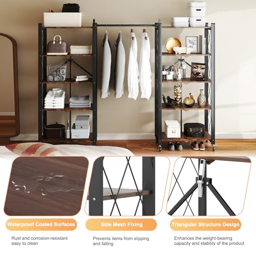 Image of 5-Tier Foldable Storage Shelves with Wheels,Folding Bookshelf no Assembly | Folding Metal Shelf Unit, Collapsible Shelves for Craft Shows for Kitchen, Bedroom, Living Room, Rustic Brown