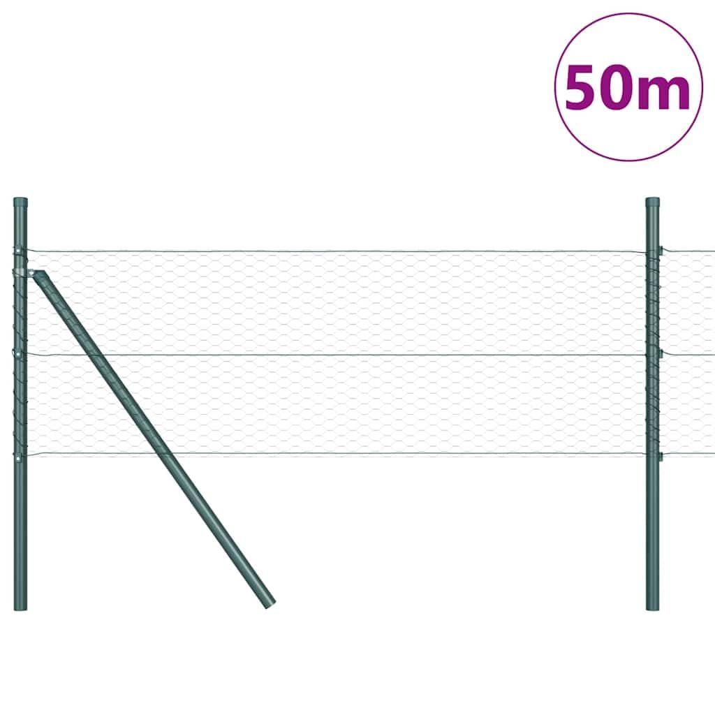 Recinzione in acciaio rivestito in PVC con pali, verde, rotolo da 0,5 x 50 m, griglia robusta per giardino, pollame, protezione durevole
