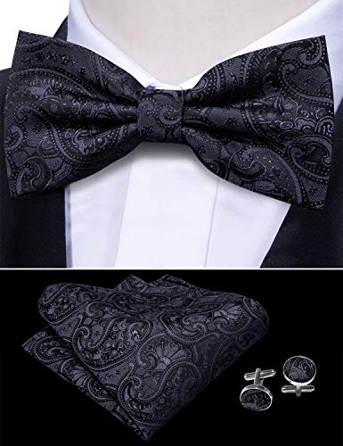 Image of Barry.Wang Men Silk Paisley Cummerbund and Pre-tied Bowtie Handkerchief Cufflink Set for Tuxedo