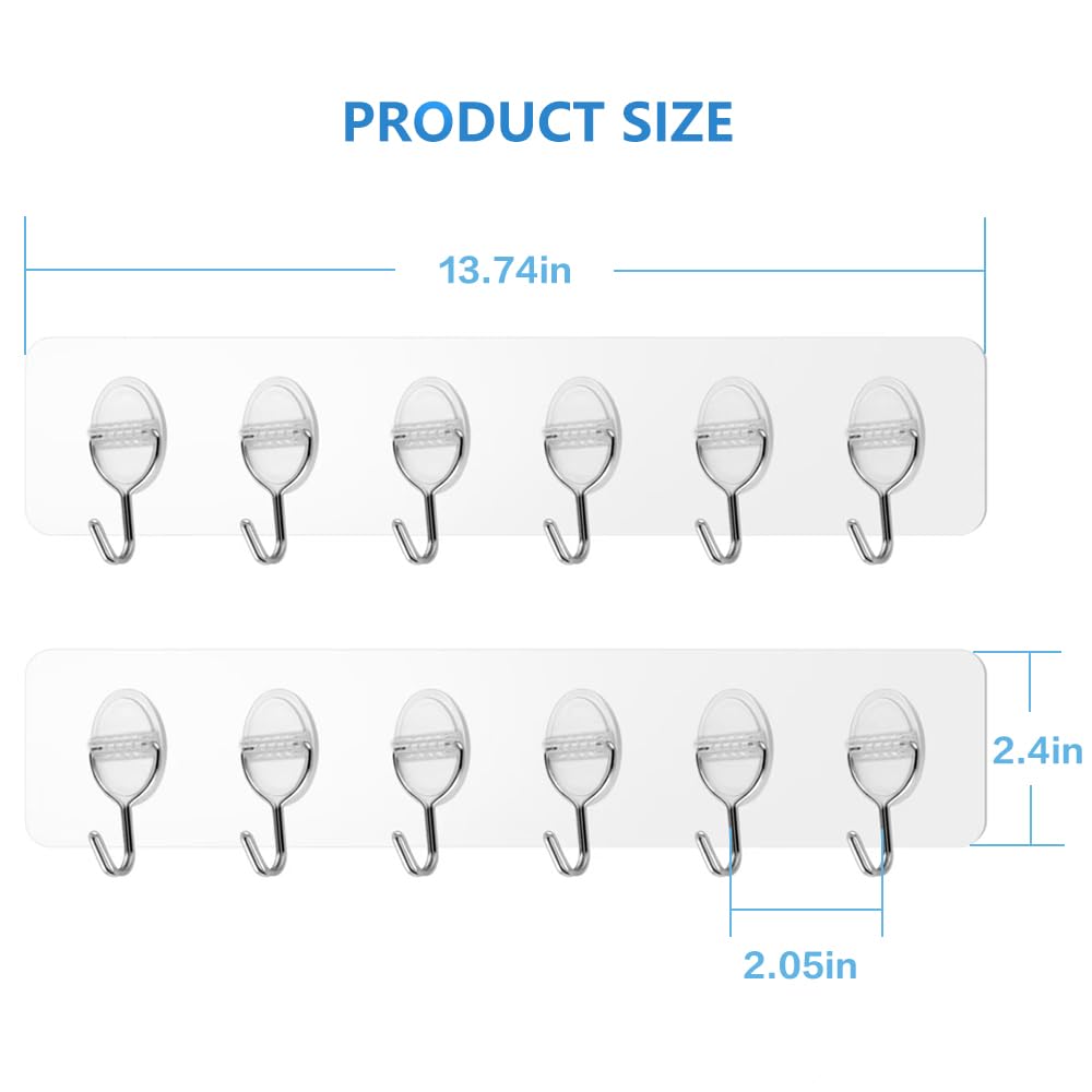 2 PCS Adhesive Wall Hooks for Hanging Sticky Clear Heavy Duty Hangers with 6 Stainless Hooks without Nails — view 2