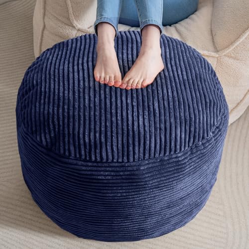 Image of HIGOGOGO Round Stuffed Pouf Ottoman, Corduroy Poufs with Foam Chunk Filling, Furry and Fluffy Pouf Foot Stool Storage Ottoman, 26 X 18 Floor Poufs Foot Rest for Living Room, Navy