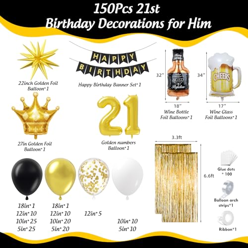 Image of 21st Birthday Decorations for Him 150pcs with Number 21 Foil Balloon Fringe Curtains White Black and Gold Balloons Arch Kit for 21st Birthday Decorations Graduation Birthday Balloons for Bed