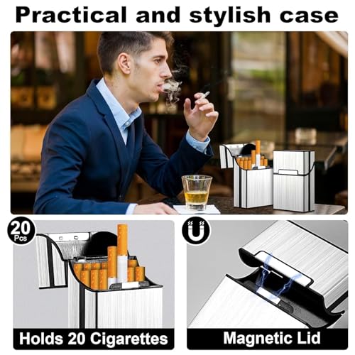 Image of Metal Cigarette Case,Cigarette Holder,Magnetic Opening Closure,Holds 20 Cigarettes (Silver)