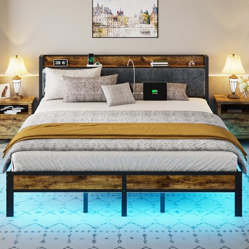 King Size Bed Frame with LED Lights and USB Charging, Storage Headboard, Metal Platform, Noise-Free Assembly, No Box Spring Required