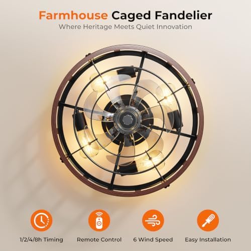 BLNAN 20" Farmhouse Flush Mount Ceiling Fans with Lights and Remote, Low Profile Caged Fan Lights Fandelier 6 Speeds Bladeless Rustic Fan Lights for Bedroom, Living Room, Kitchen Walnut - 2