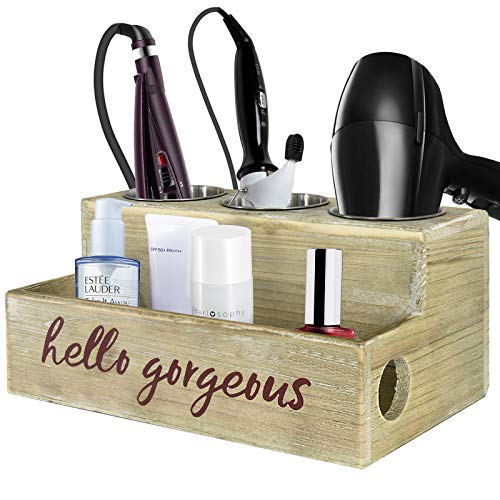 Rustic Wood Hair Dryer Holder, Hair Styling Tool Organizer, Bathroom Vanity Storage Organizer, Bath Supplies Accessories Storage Tray for Blow Dryer Flat Iron Curling Wand Brushes (Rustic Grey)