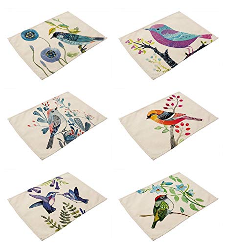 Set de table pour toute la famille en coton lin oiseaux x6