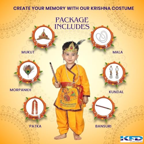 Image of Kaku Fancy Dresses Krishna Costume for Kids, Baby Krishna Dress for Janmashtami, Bal Krishna Dhoti Set, Krishnaleela Costume, Infant Bal Gopal, Krishna Fancy Dress Costume for Boys /Girls