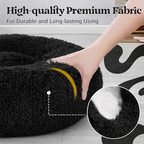 Image of ZEXSAZONE Black Plush Dog Bed Summer - Anti-Anxiety Round Donut Pet Bed with Raised Edges | Soft Faux Fur Calming Bed for Puppies, Cats & Small Dogs | Machine Washable