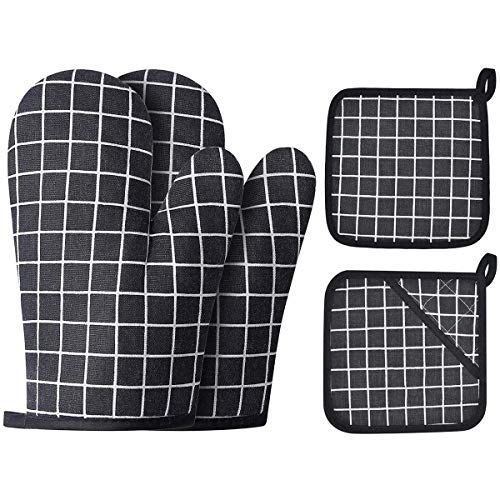 VANORIG Oven Mitts and Pot Holders Sets 4pcs Silicone Oven Mitts Heat Resistant Oven Mitt for Kitchen Cooking Baking BBQ (Black)