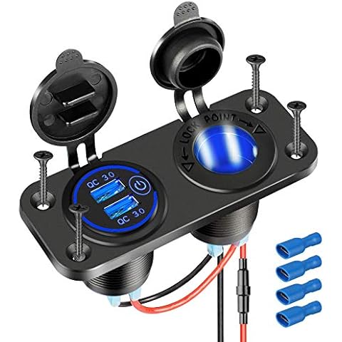 [Upgraded] Cigarette Lighter Socket Outlet Splitter, Quick Charge 3.0 USB Charger Power Outlet with LED, 12V USB outlet Marine Waterproof Power Panel Adapter DIY Kit for Car Boat Marine RV, etc Cover