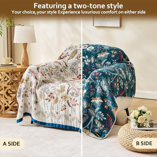 Image of VANJOROY Boho Throw Blanket, 100% Organic Cotton Breathable Ultra Soft 91 inch x 108 inch King Bed Quilt Throw - All Season Floral Rustic Farmhouse Decor Luxury Blanket for Sofa Couch Chair and Gift