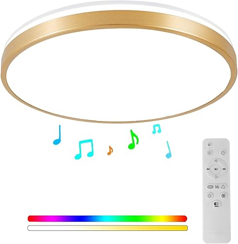 HOREVO Lámpara de techo de baño, lámpara LED dorada de montaje empotrado con altavoz Bluetooth, luz de techo de níquel cepillado de 24 W de diámetro