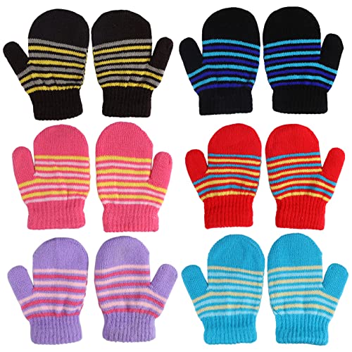 Manoplas para bebés de invierno para niños y niñas, guantes de punto cálidos, elásticos mágicos, coloridos a rayas, para niños y niñas, de 6 a 12 meses, 6 pares Cover