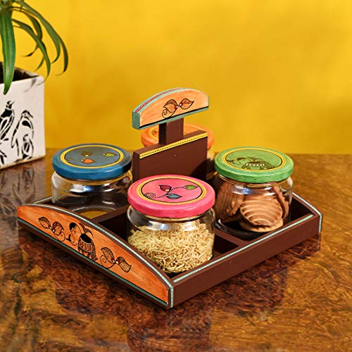 Image of AAKRITI ART CREATIONS Snacks & Cookies Glass Jars Set of 4 | Handcrafted Madhubani Art Storage Set | Natural Brown Matte Finish | Kitchen Jars with Wooden Tray | Dining Table & Kitchen Organizer