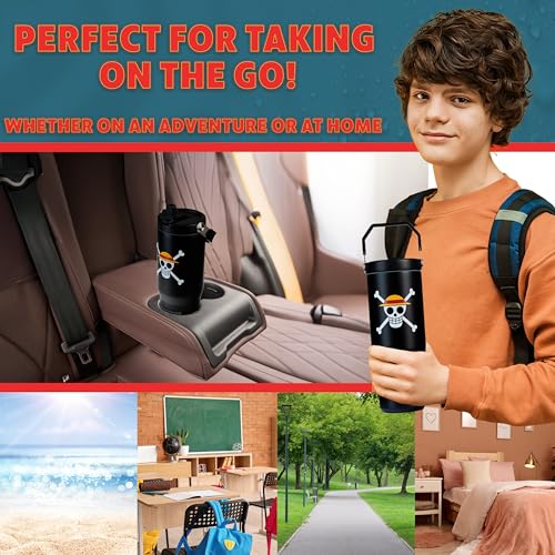 Image of Get Trend One Piece Tumbler with Straw 30oz Kids Teens Insulated Cup with Lid Handle Travel Mug Cups with Lids for School Sports Anime Gifts for Kids (Black One Piece)