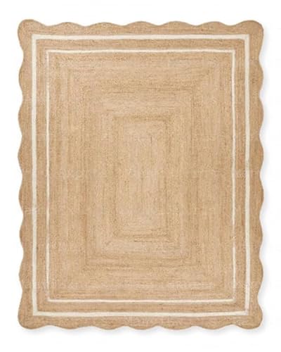 Sanwariya Natural Jute Scalloped Bohemian Decor Handwoven Custom Decorative Rug (BD1) (10x14 ft-WHT)