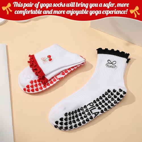 Image of Jspupifip 2 /4 /5 Pairs Womens Embroidery Non Slip Pilates Yoga Socks | Cute Grippy Crew Socks Offered Fit Barre Workout Hospital Indoor Barefoot Daily Activities For Ladies