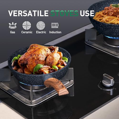 Kitchen Academy Pots and Pans Set Non Stick - 12 Piece Induction Kitchen Cookware Sets, Blue Granite Nonstick Cooking Pans Set