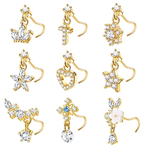 ORAZIO 9 PCS Dangle Nose Rings - L Shaped for Women, 20G Stainless Steel Nose Rings Studs with CZ Cross, Crown, Flower, Heart Dangling Piercing Jewelry