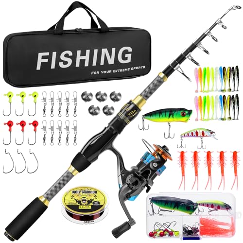 Ertisa Caña de pescar Spinning, 2,1 m de fibra de carbono, cañas de pescar telescópicas, set combinado caña de spinning y carrete de pesca cebo de pesca, kit de bolsa de transporte para mar y agua