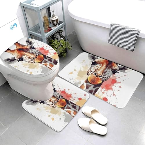 Dwrepo Stylish Animal Watercolor Giraffe Print Bathroom Rug Set 3 Piece with Non-Slip U-Shaped Contour Mat and Toilet Lid Cover for Bathroom Decoration