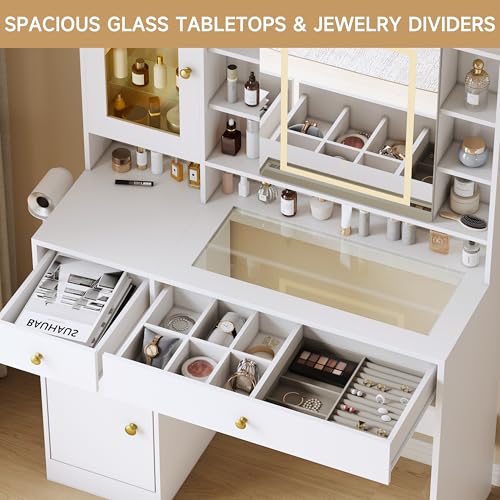 Image of HUANLEGO Vanity Desk with Mirror and Lights, White Vanity with Lighted Mirror and RGB Cabinet & Jewelry Organizers, Makeup Vanity Desk with Lights, Glass Top Dressing Table for Girls Bedroom